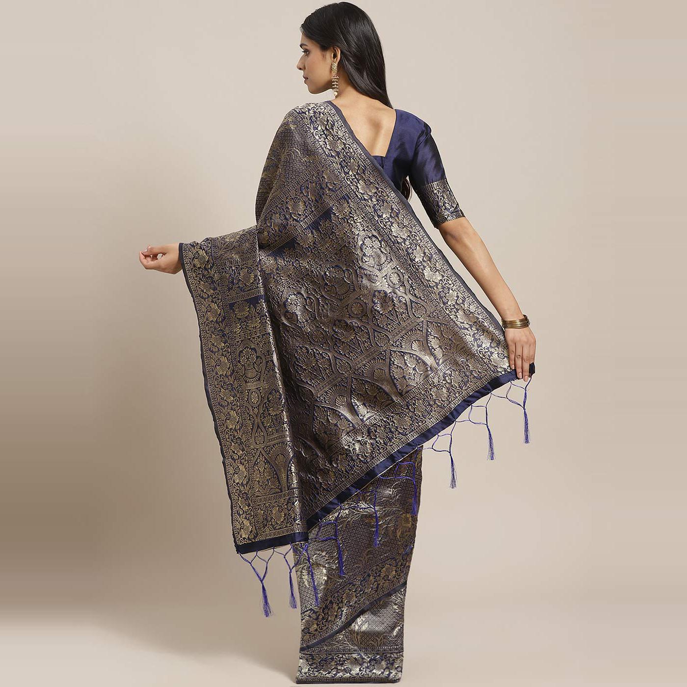 Blissful Navy Blue Colored Festive Wear Woven Silk Blend Saree - Peachmode