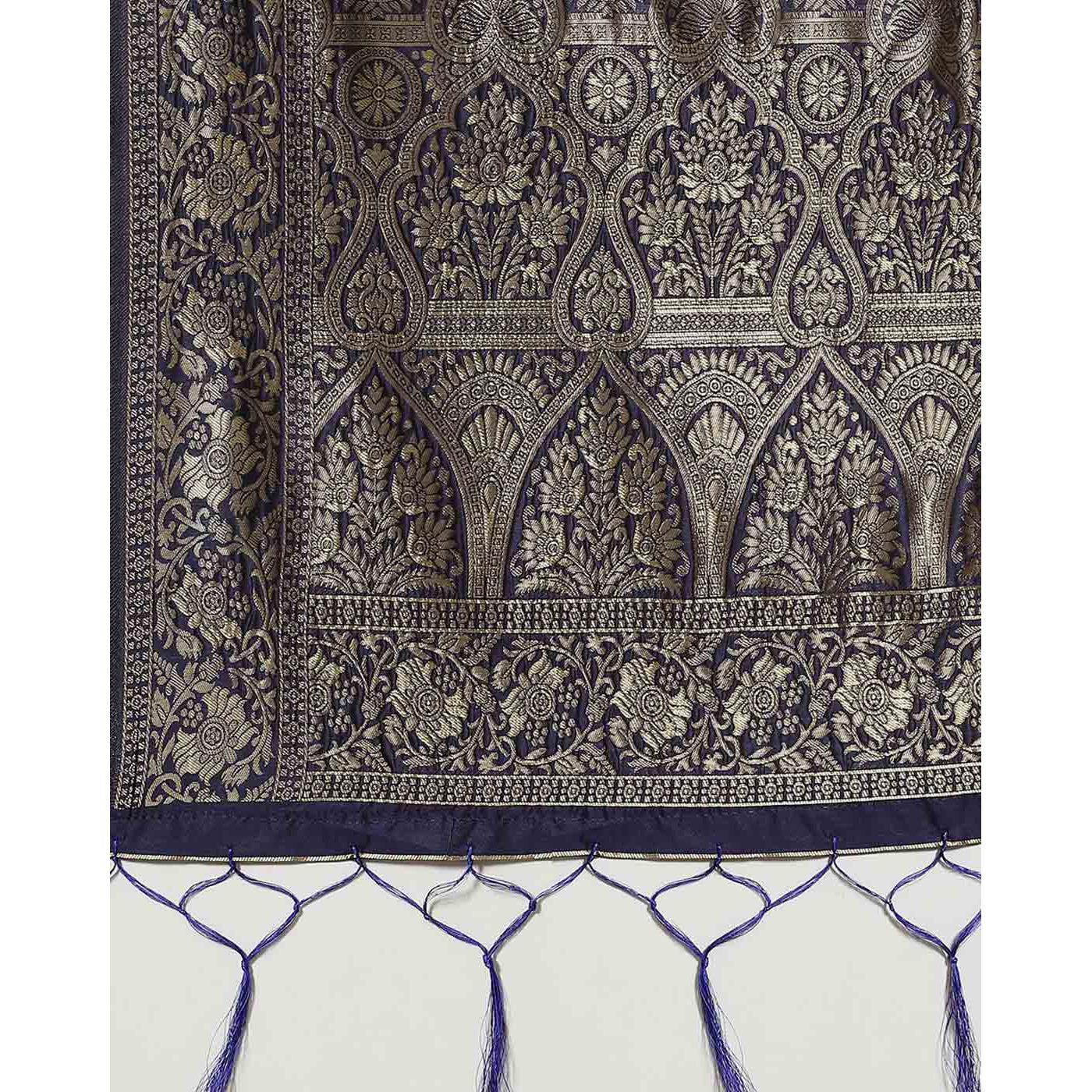 Blissful Navy Blue Colored Festive Wear Woven Silk Blend Saree - Peachmode