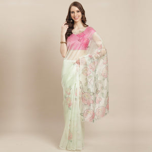 Blissful Offwhite Colored Casual Wear Printed Organza Saree - Peachmode