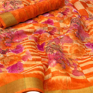 Blissful Orange Colored Casual Floral Printed Cotton Saree - Peachmode