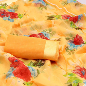 Blissful Orange Colored Casual Wear Floral Printed Cotton Blend Saree - Peachmode