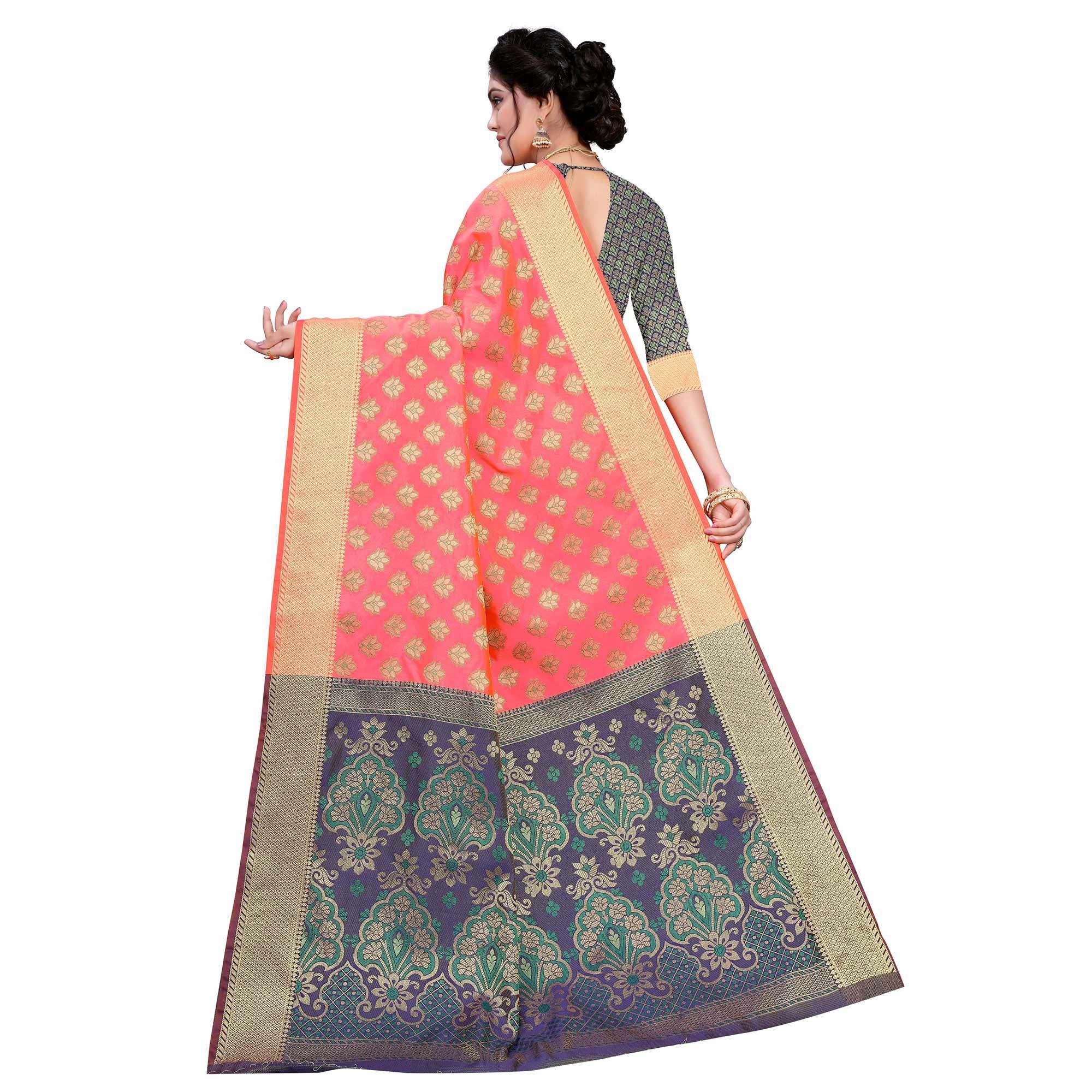 Blissful Peach Colored Festive Wear Woven Art Silk Saree - Peachmode