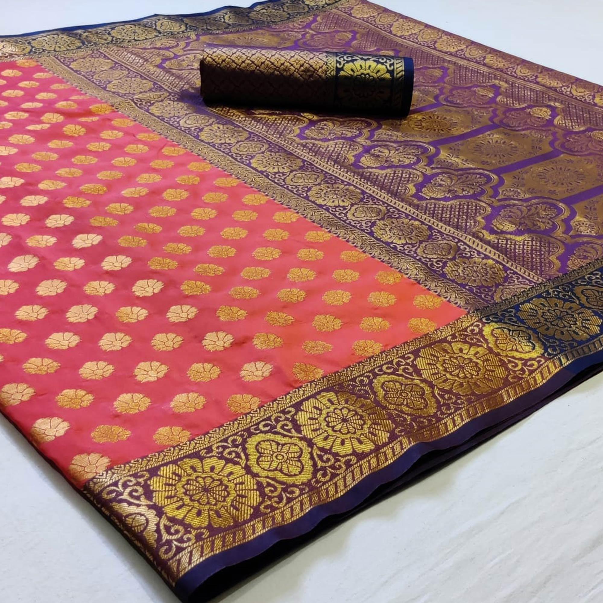 Blissful Peach Colored Festive Wear Woven Heavy Silk Saree - Peachmode