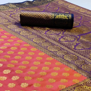 Blissful Peach Colored Festive Wear Woven Heavy Silk Saree - Peachmode