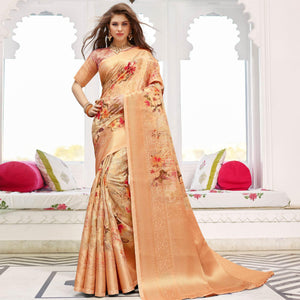Blissful Peach Colored Partywear Digital Floral Printed Silk Saree - Peachmode
