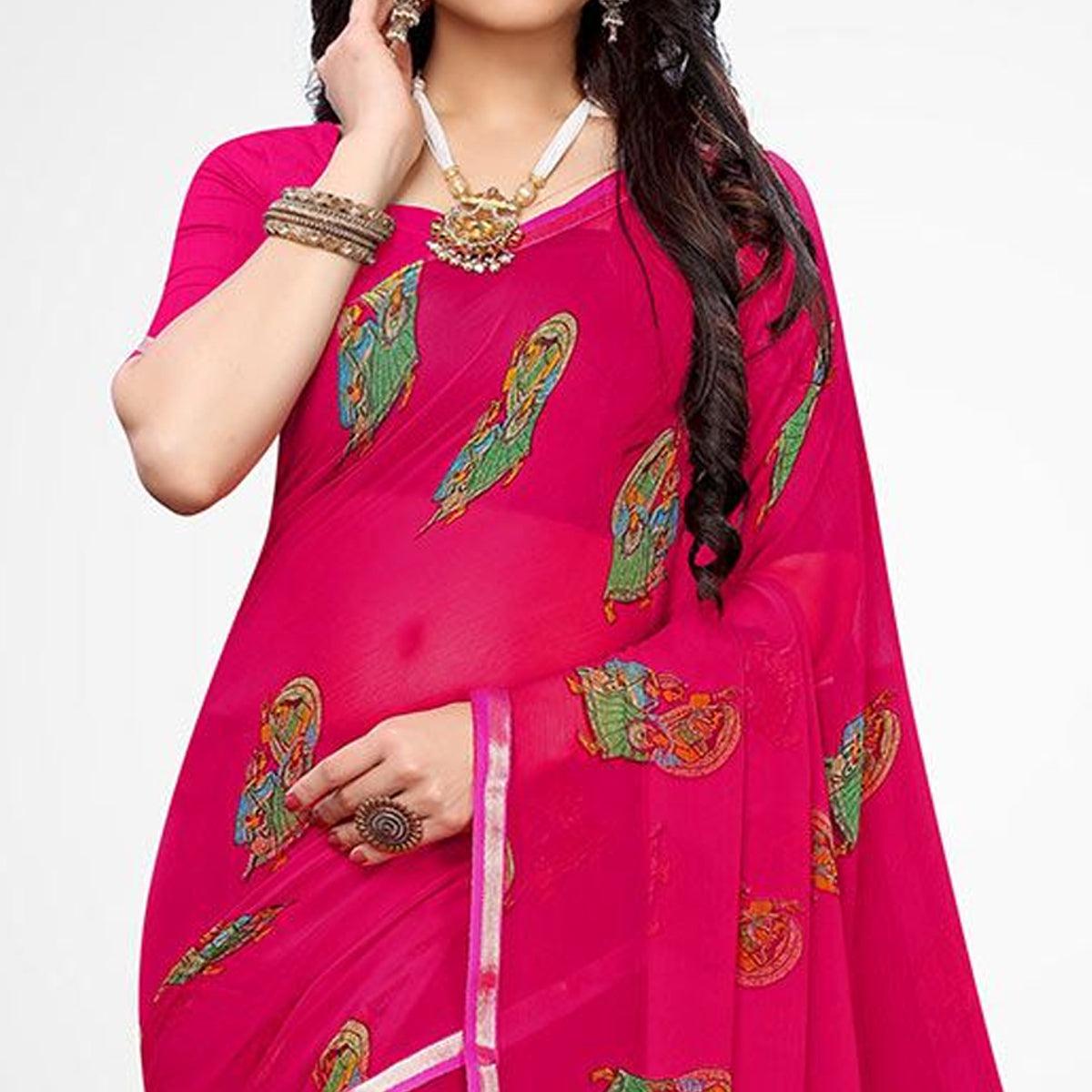 Blissful Pink Colored Casual Wear Printed Chiffon Saree - Peachmode