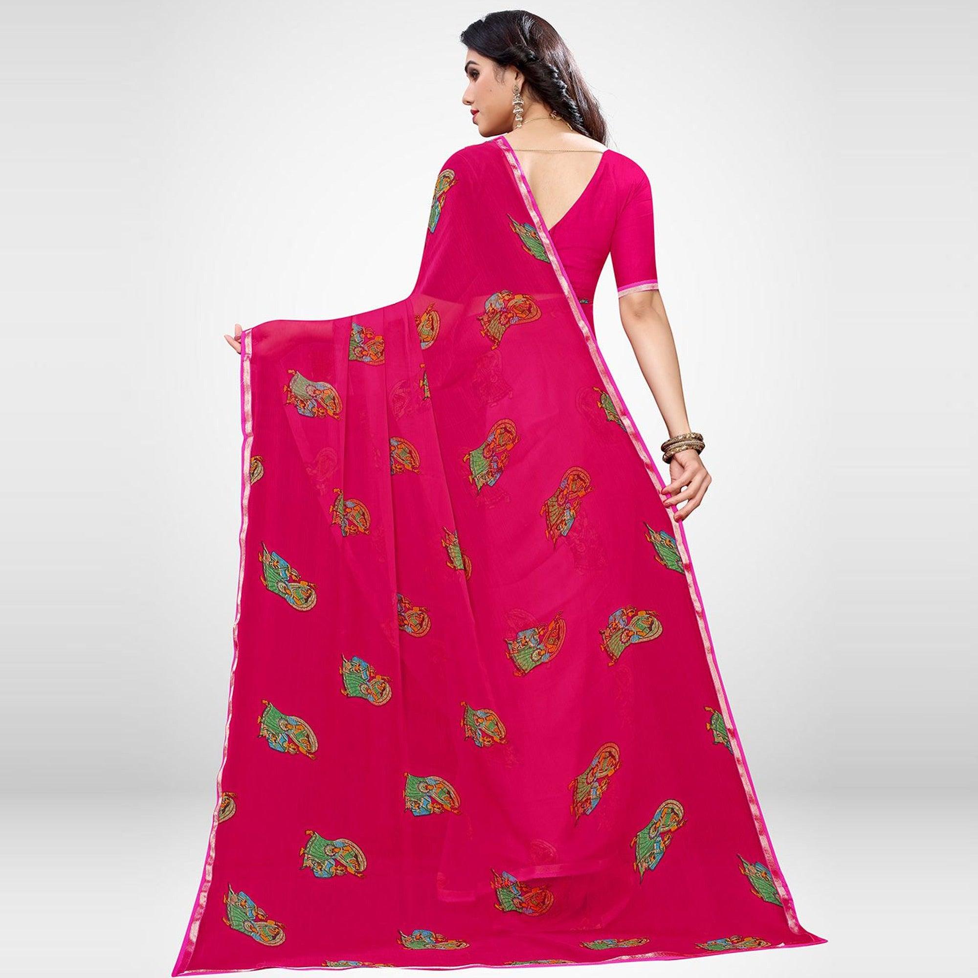 Blissful Pink Colored Casual Wear Printed Chiffon Saree - Peachmode