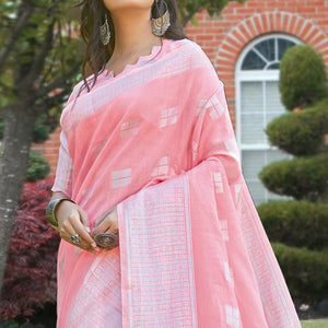 Blissful Pink Colored Festive Wear Woven Linen Cotton Sareee - Peachmode