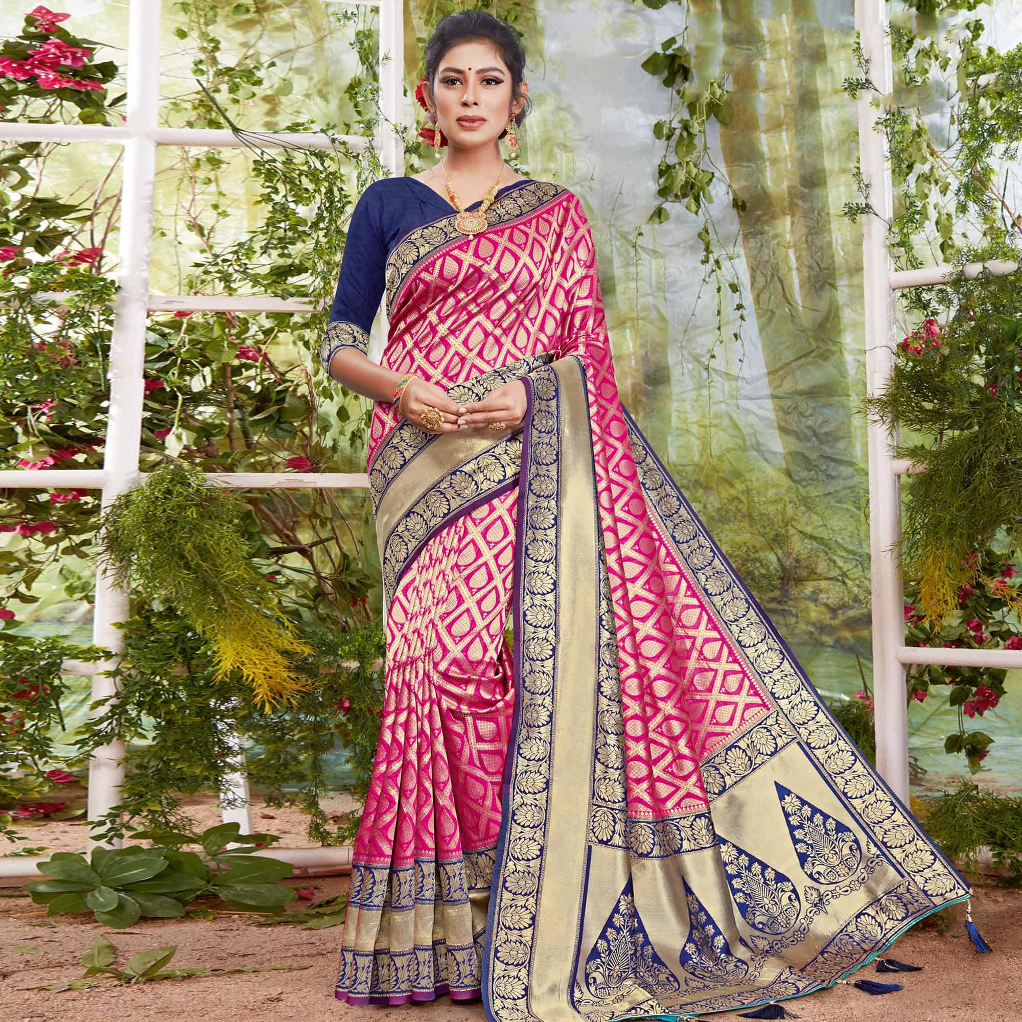 Blissful Pink Coloured Festive Wear Woven Silk Saree - Peachmode