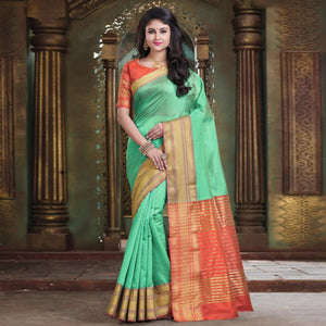 Blissful Pista Green Colored Festive Wear Woven Cotton Handloom Saree - Peachmode