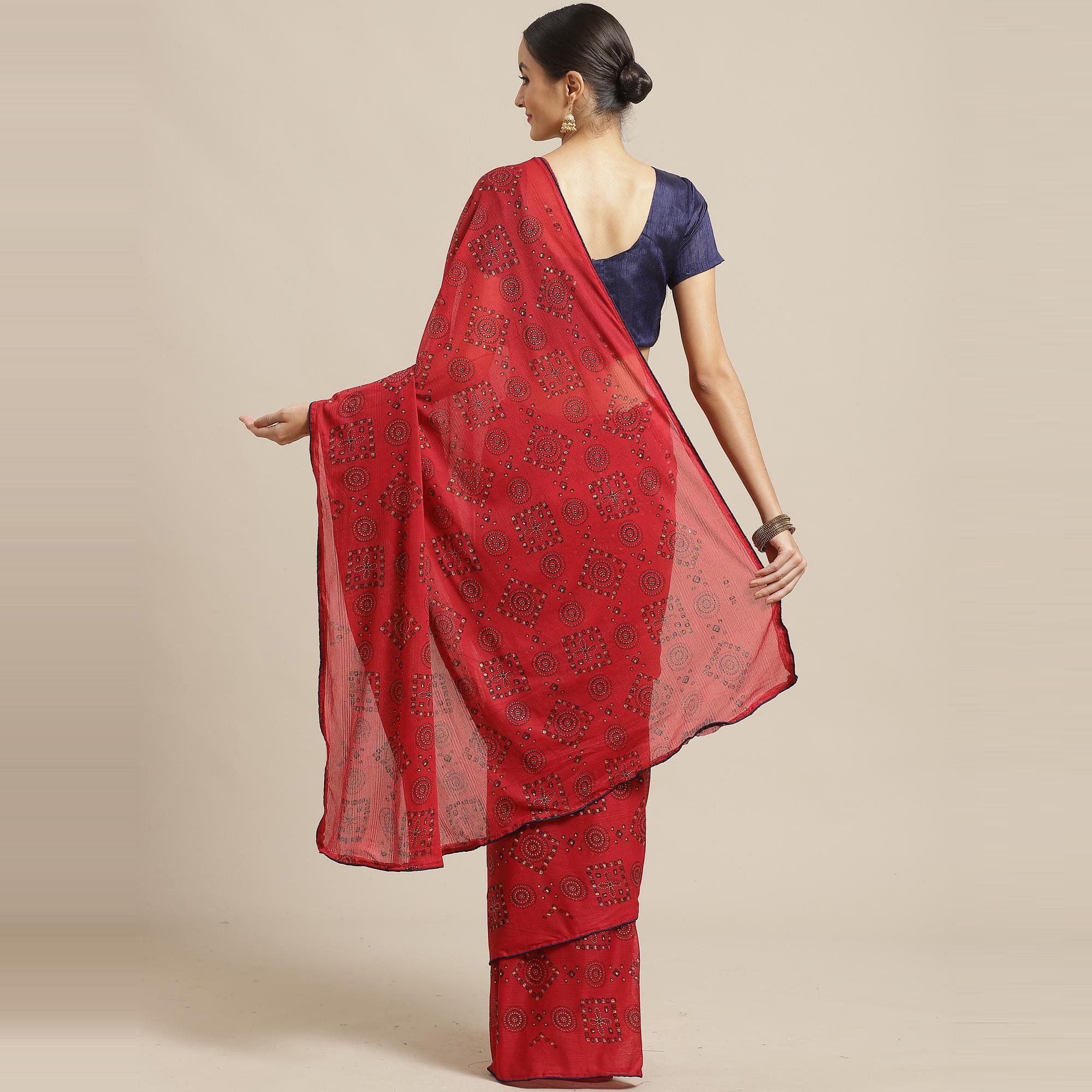 Blissful Red Colored Casual Wear Printed Chiffon Saree - Peachmode