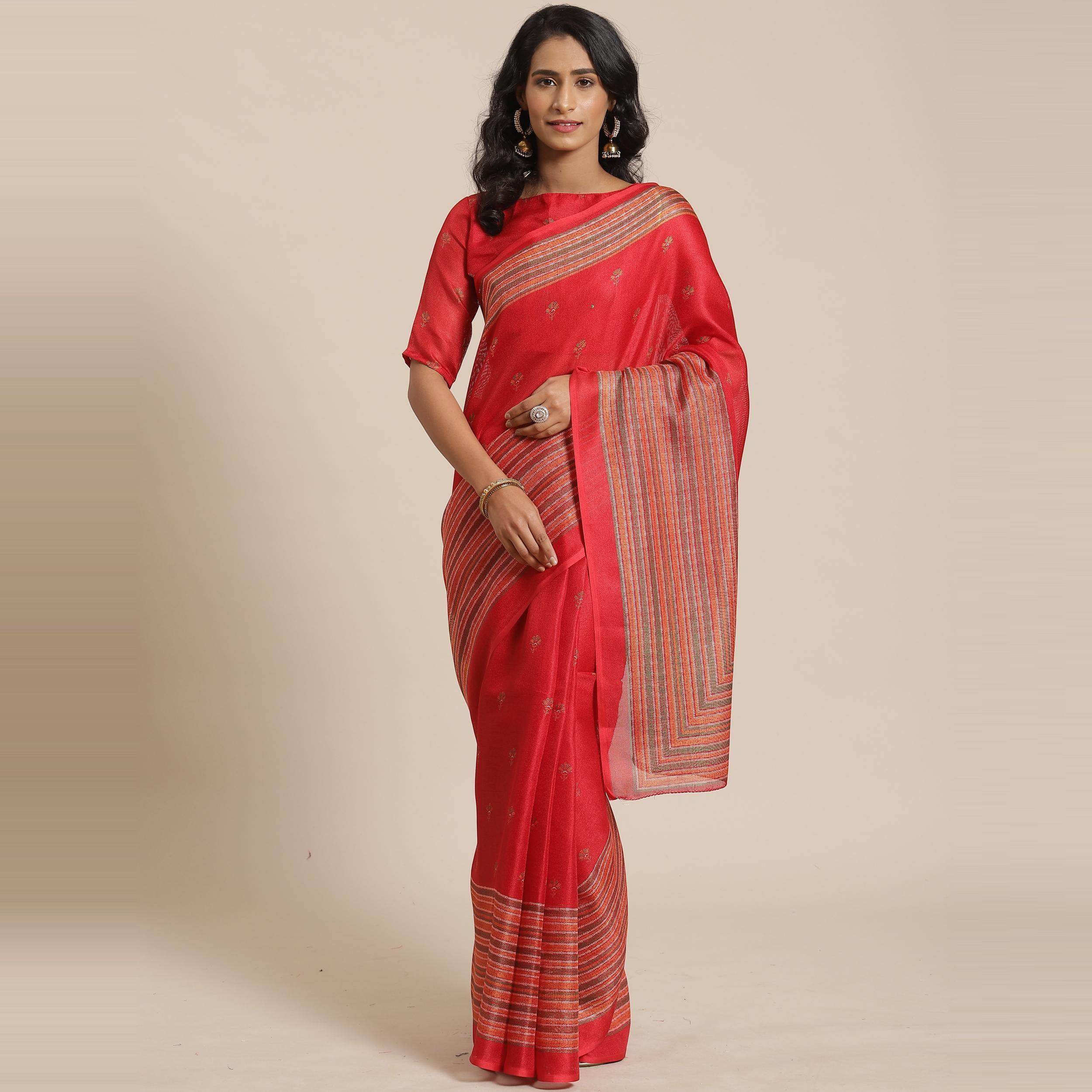 Blissful Red Colored Casual Wear Printed Jute Silk Saree - Peachmode