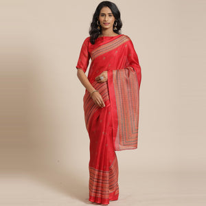 Blissful Red Colored Casual Wear Printed Jute Silk Saree - Peachmode