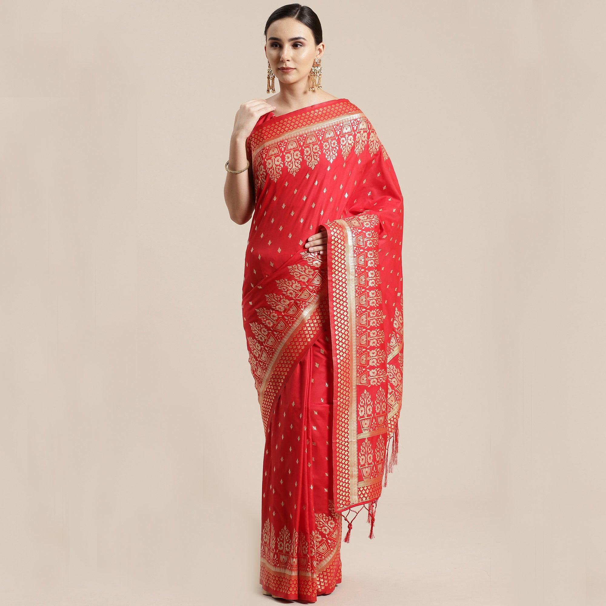 Blissful Red Colored Festive Wear Silk Blend Woven Floral Saree With Tassels - Peachmode