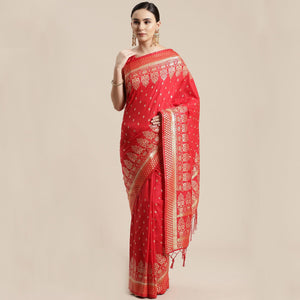 Blissful Red Colored Festive Wear Silk Blend Woven Floral Saree With Tassels - Peachmode