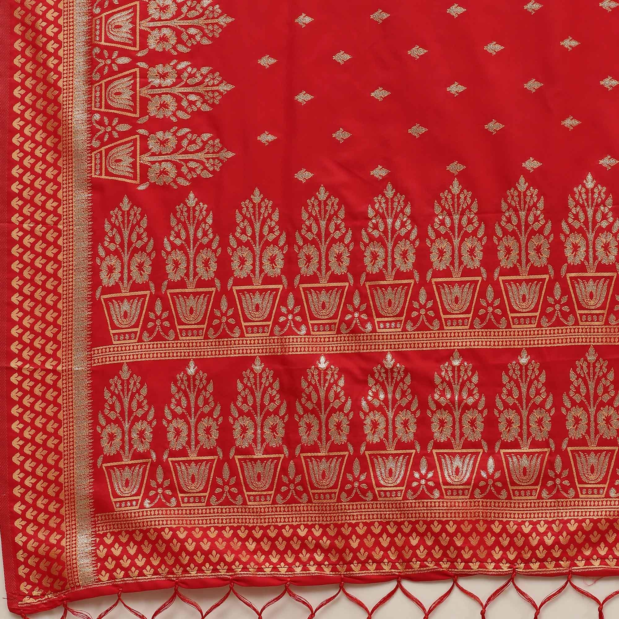 Blissful Red Colored Festive Wear Silk Blend Woven Floral Saree With Tassels - Peachmode