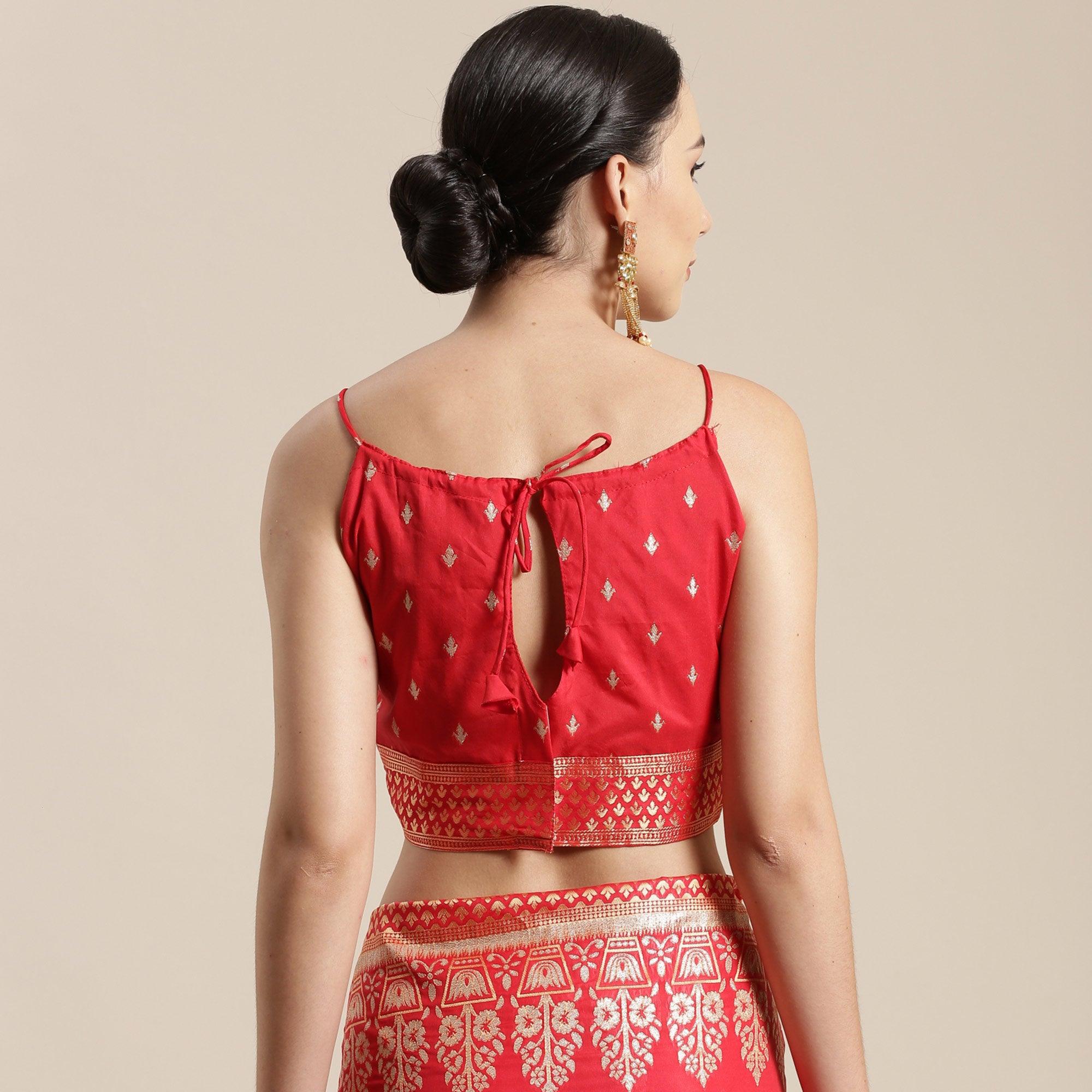 Blissful Red Colored Festive Wear Silk Blend Woven Floral Saree With Tassels - Peachmode