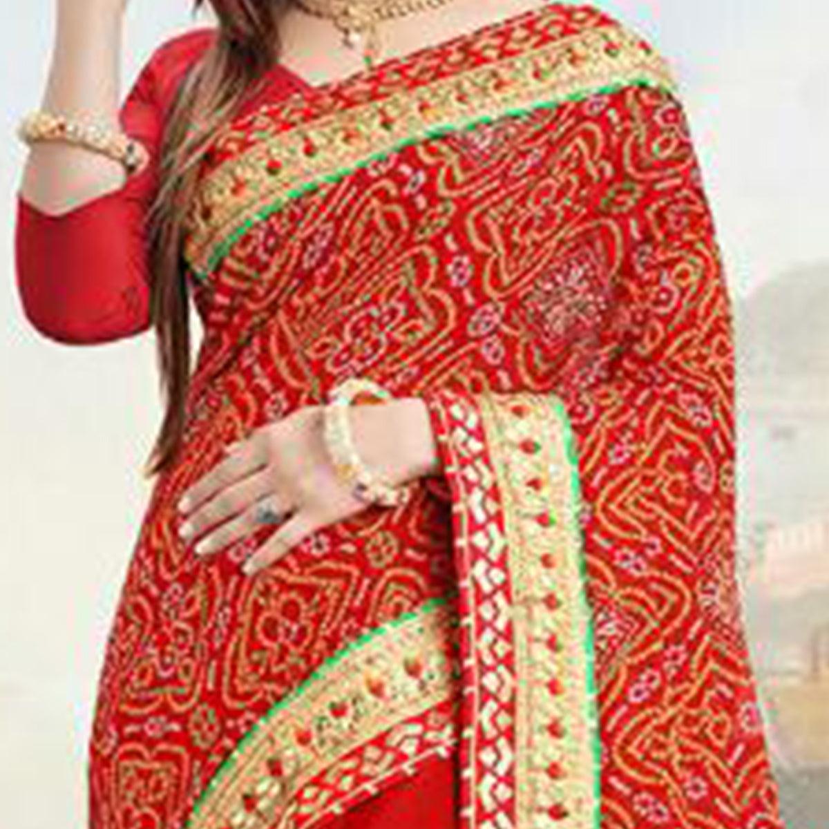 Blissful Red Colored Festive Wear Zari Work Moss Chiffon Half-Half Saree - Peachmode