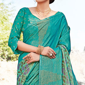 Blissful Sky Blue Coloured Partywear Printed Brasso Patta Saree - Peachmode