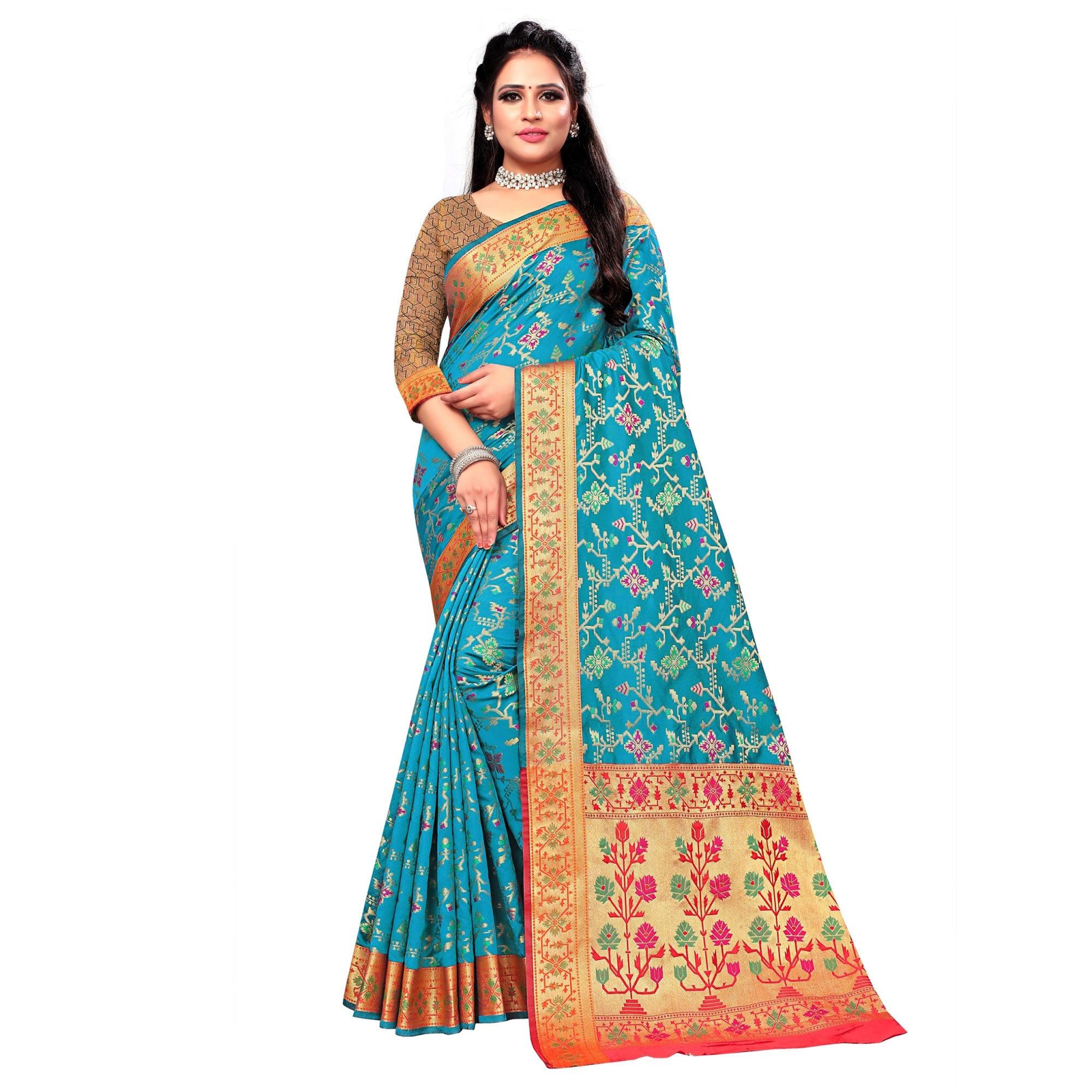 Blissful Turquoise Blue Colored Festive Wear Woven Silk Saree - Peachmode