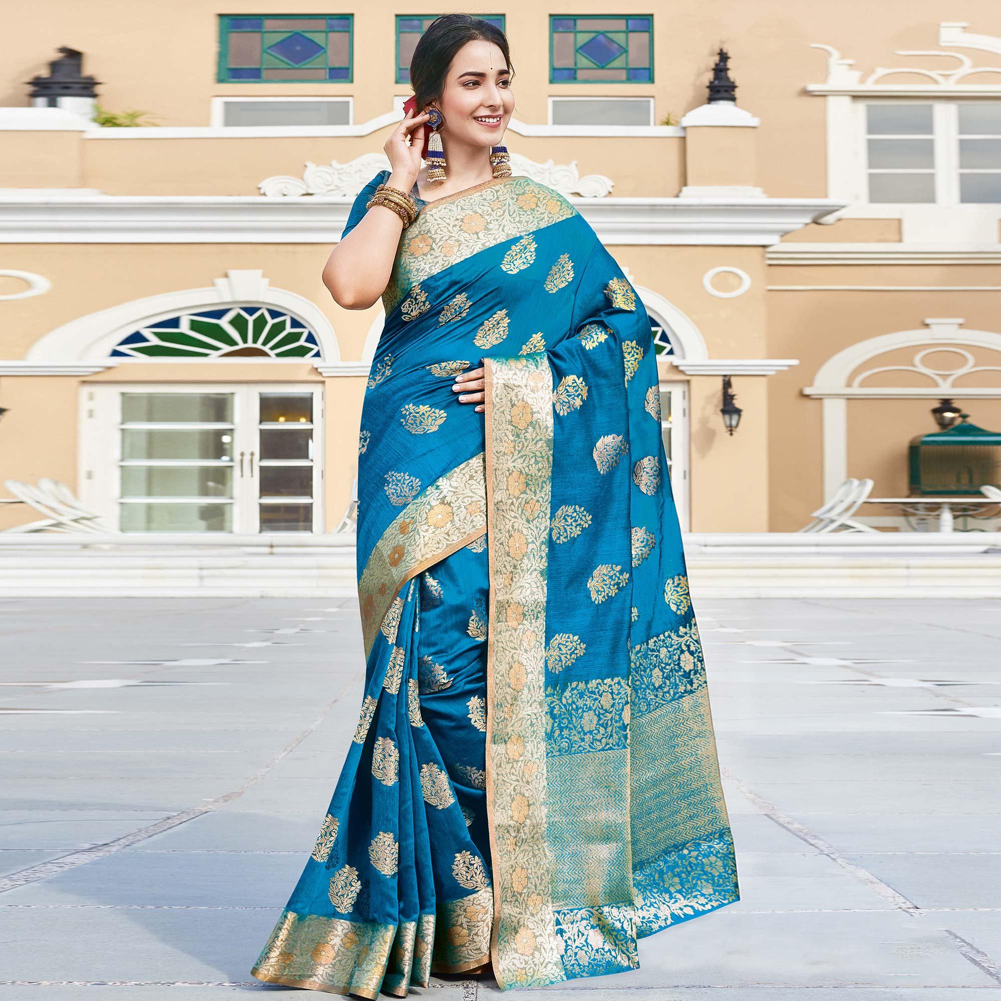 Blissful Turquoise Blue Colored Festive Wear Woven Silk Saree - Peachmode