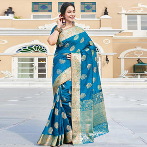 Blissful Turquoise Blue Colored Festive Wear Woven Silk Saree - Peachmode