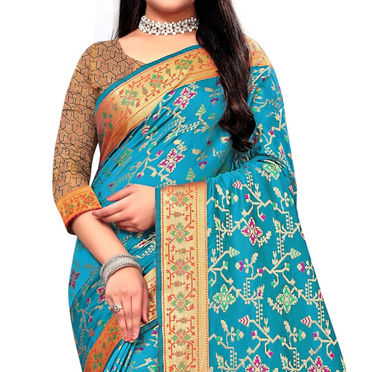 Blissful Turquoise Blue Colored Festive Wear Woven Silk Saree - Peachmode
