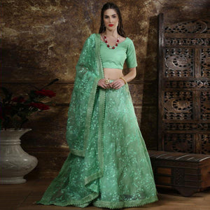 Blissful Turquoise Green Colored Partywear Embroidered Organza Lehenga Choli - Peachmode