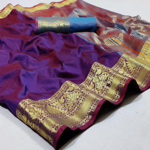 Blissful Violet Colored Festive Wear Woven Silk Saree - Peachmode