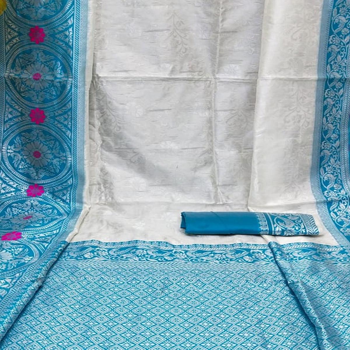 Blissful White - Firozi Colored Festive Wear Woven Pure Heavy Banarasi Silk Saree - Peachmode