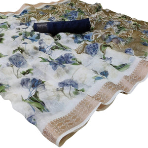 Blissful White-Navy Blue Colored Casual Floral Printed Cotton Saree - Peachmode
