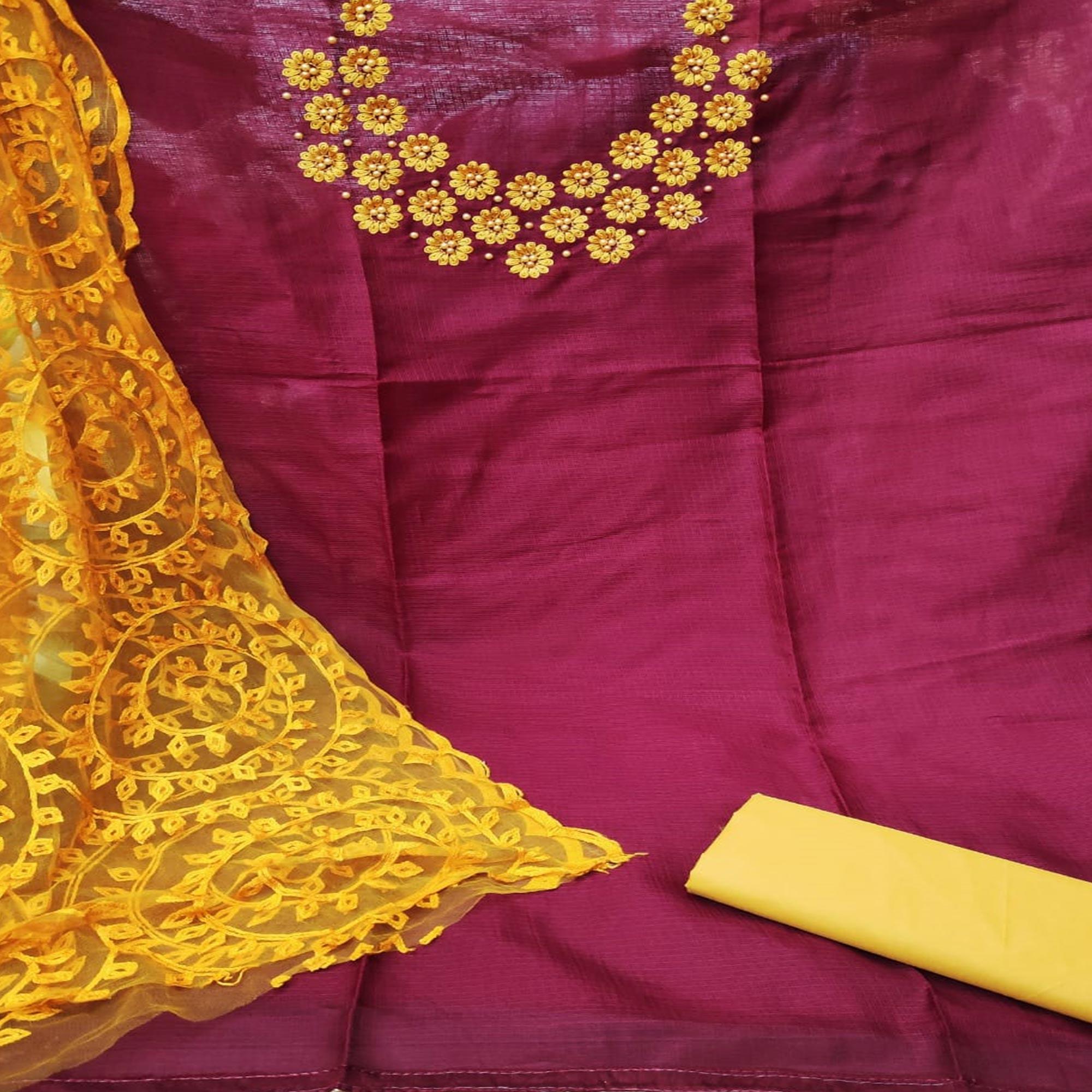 Blissful Wine Colored Casual Wear Embroidered Kota Silk Dress Material - Peachmode