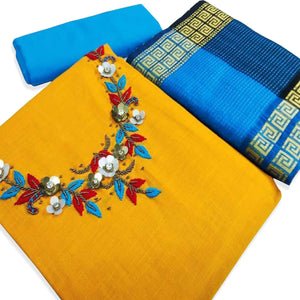 Blissful Yellow Colored Casual Wear Embroidered Cotton Dress Material - Peachmode
