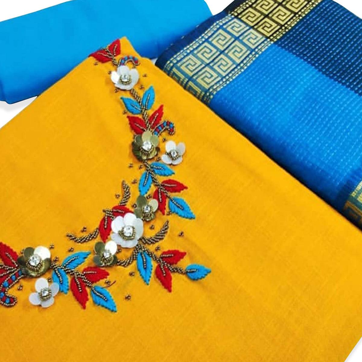 Blissful Yellow Colored Casual Wear Embroidered Cotton Dress Material - Peachmode