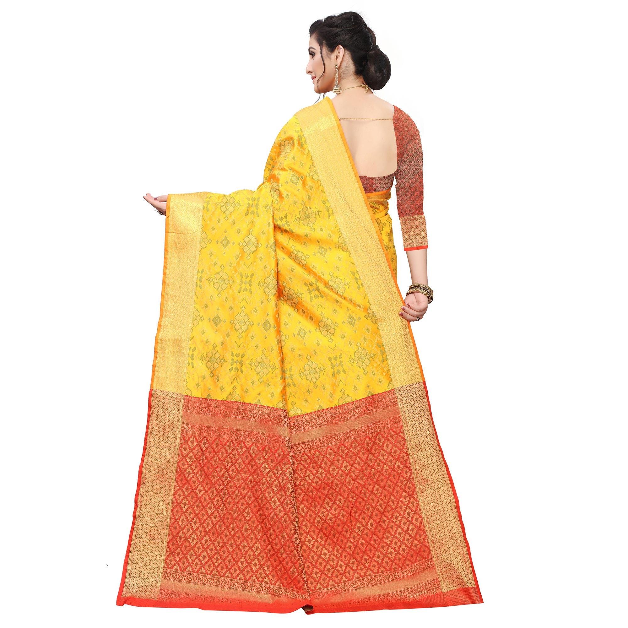 Blissful Yellow Colored Festive Wear Woven Kanjivaram Silk Saree - Peachmode