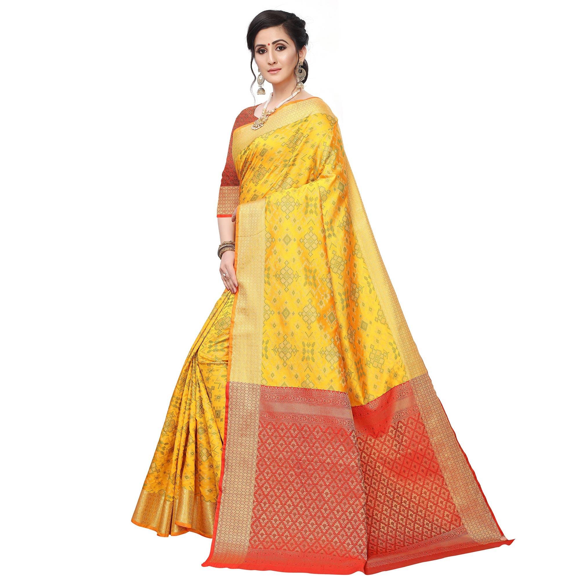 Blissful Yellow Colored Festive Wear Woven Kanjivaram Silk Saree - Peachmode