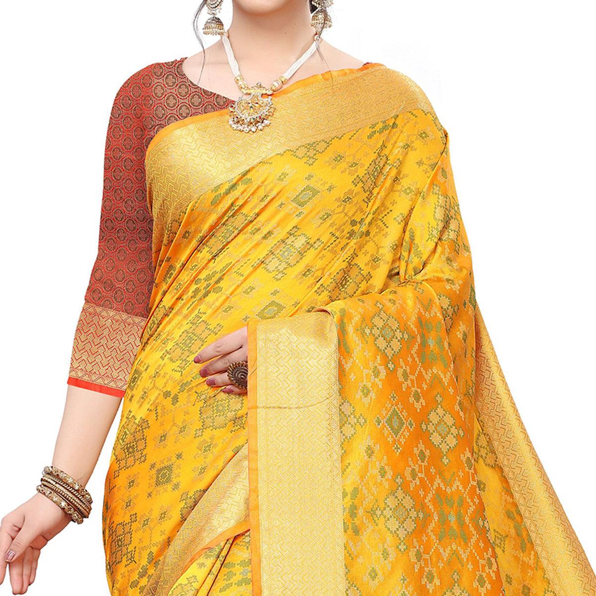 Blissful Yellow Colored Festive Wear Woven Kanjivaram Silk Saree - Peachmode