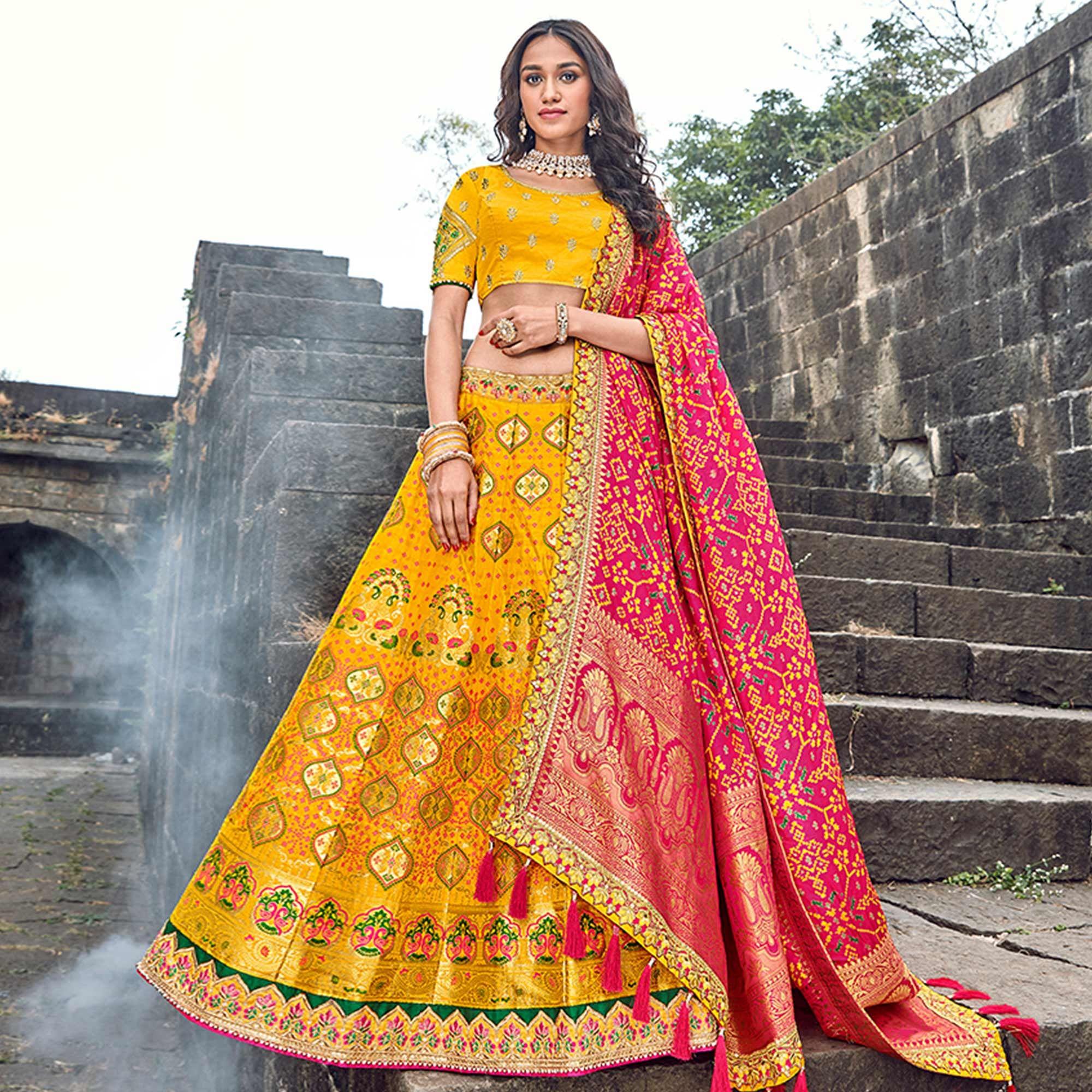 Blissful Yellow Colored Partywear Woven Silk Lehenga Choli - Peachmode