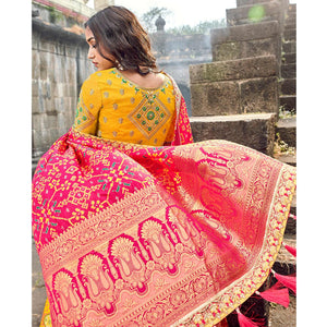 Blissful Yellow Colored Partywear Woven Silk Lehenga Choli - Peachmode