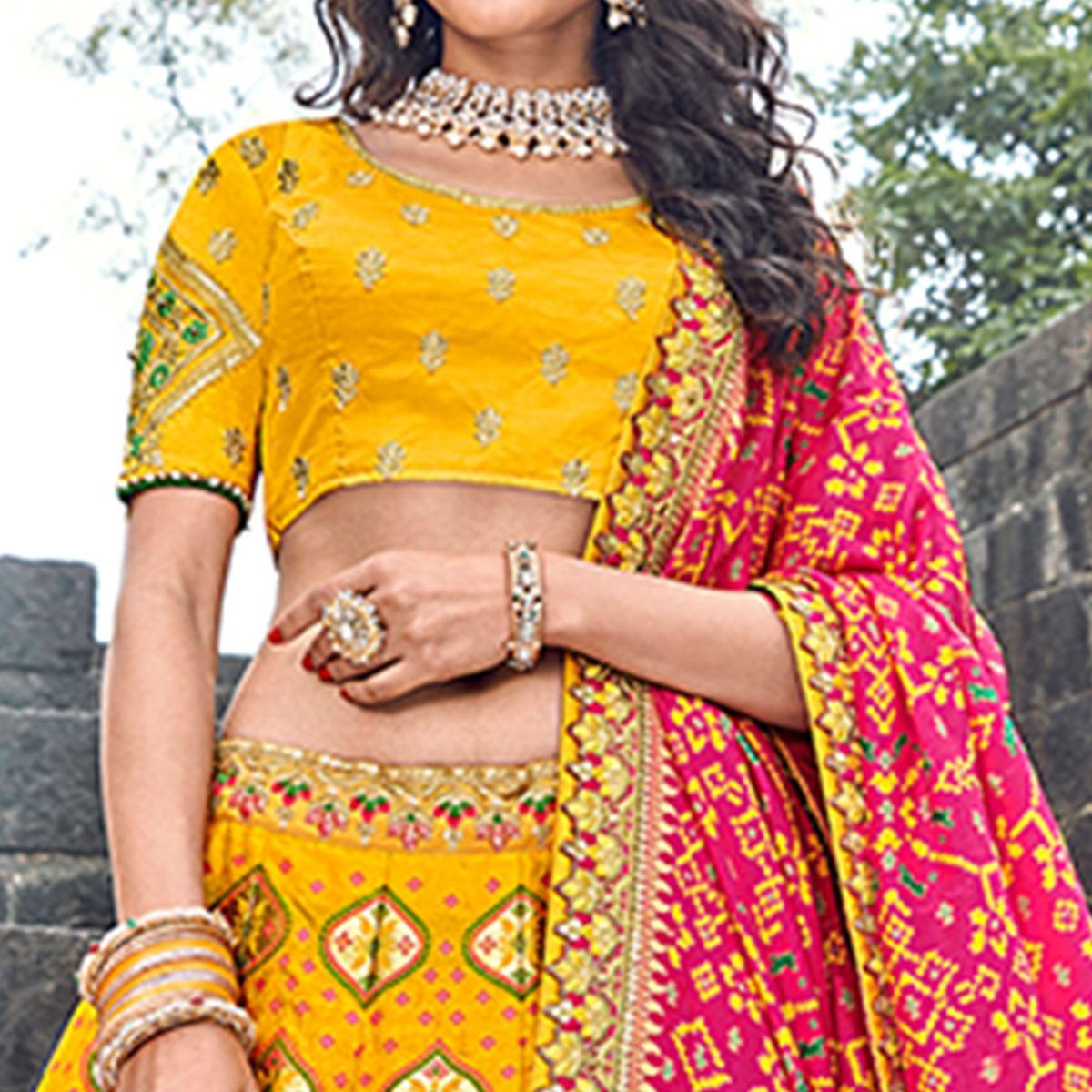 Blissful Yellow Colored Partywear Woven Silk Lehenga Choli - Peachmode