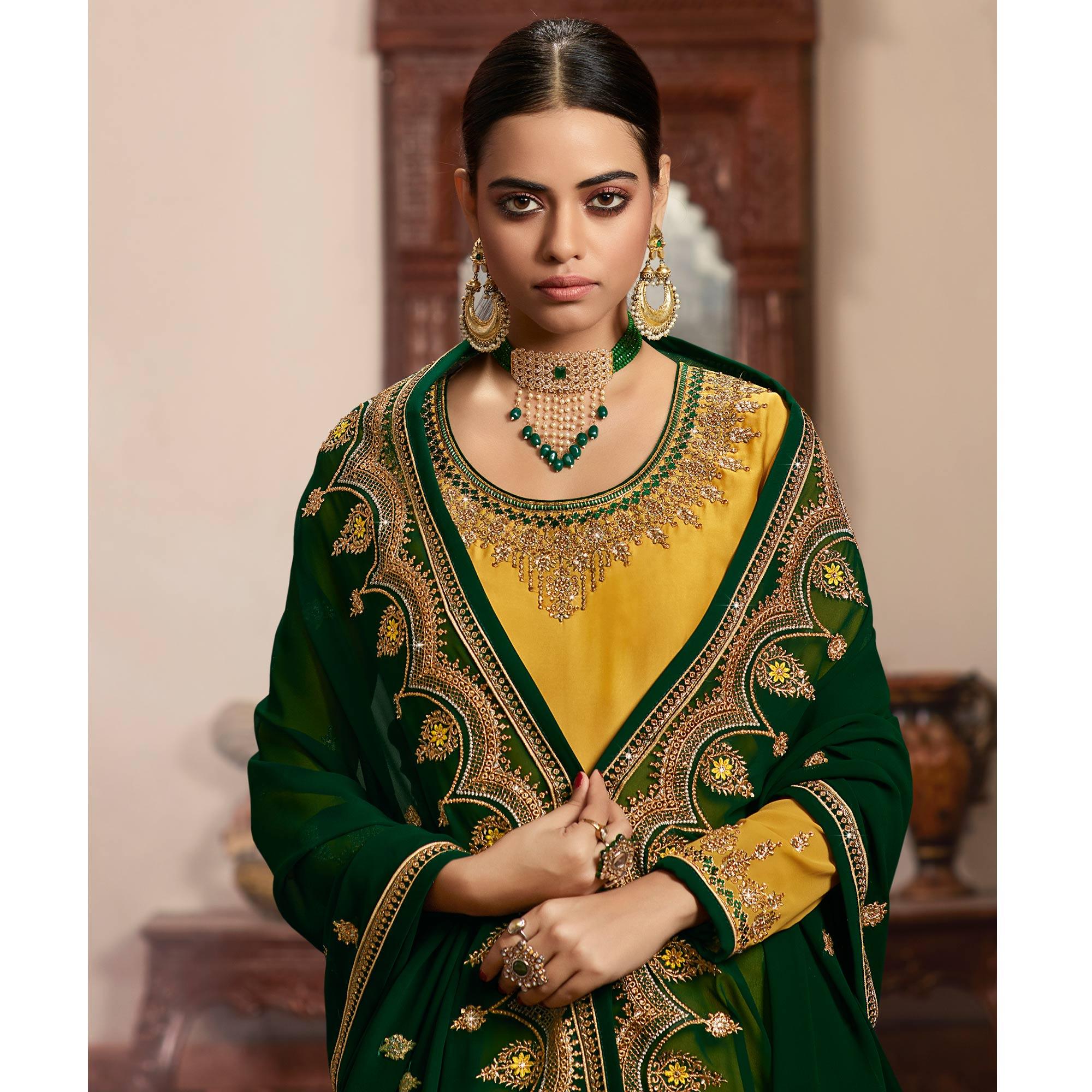 Blissful Yellow Coloured Partywear Embroidered Georgette Satin Sharara Style Salwar Suit - Peachmode