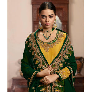 Blissful Yellow Coloured Partywear Embroidered Georgette Satin Sharara Style Salwar Suit - Peachmode