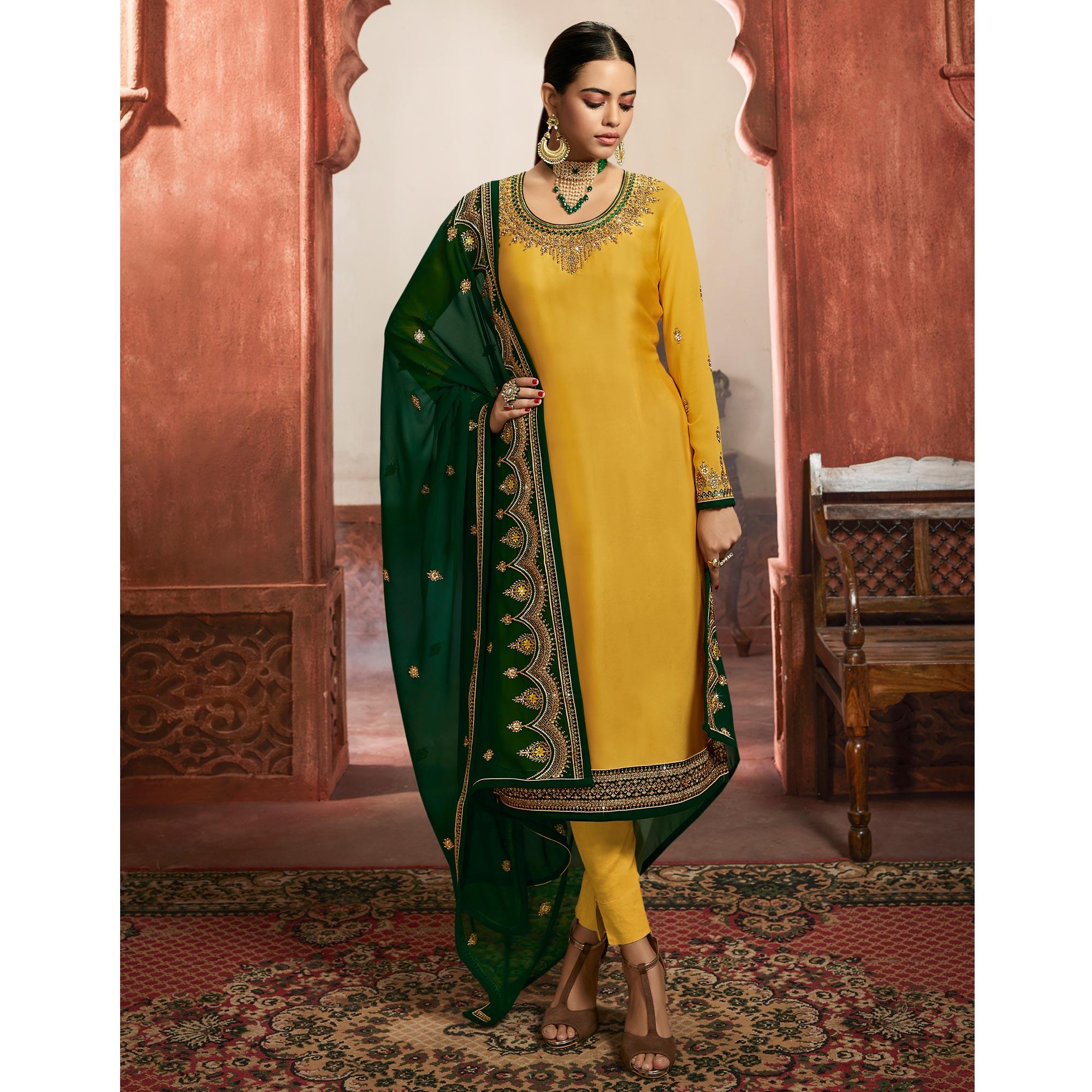 Blissful Yellow Coloured Partywear Embroidered Georgette Satin Sharara Style Salwar Suit - Peachmode