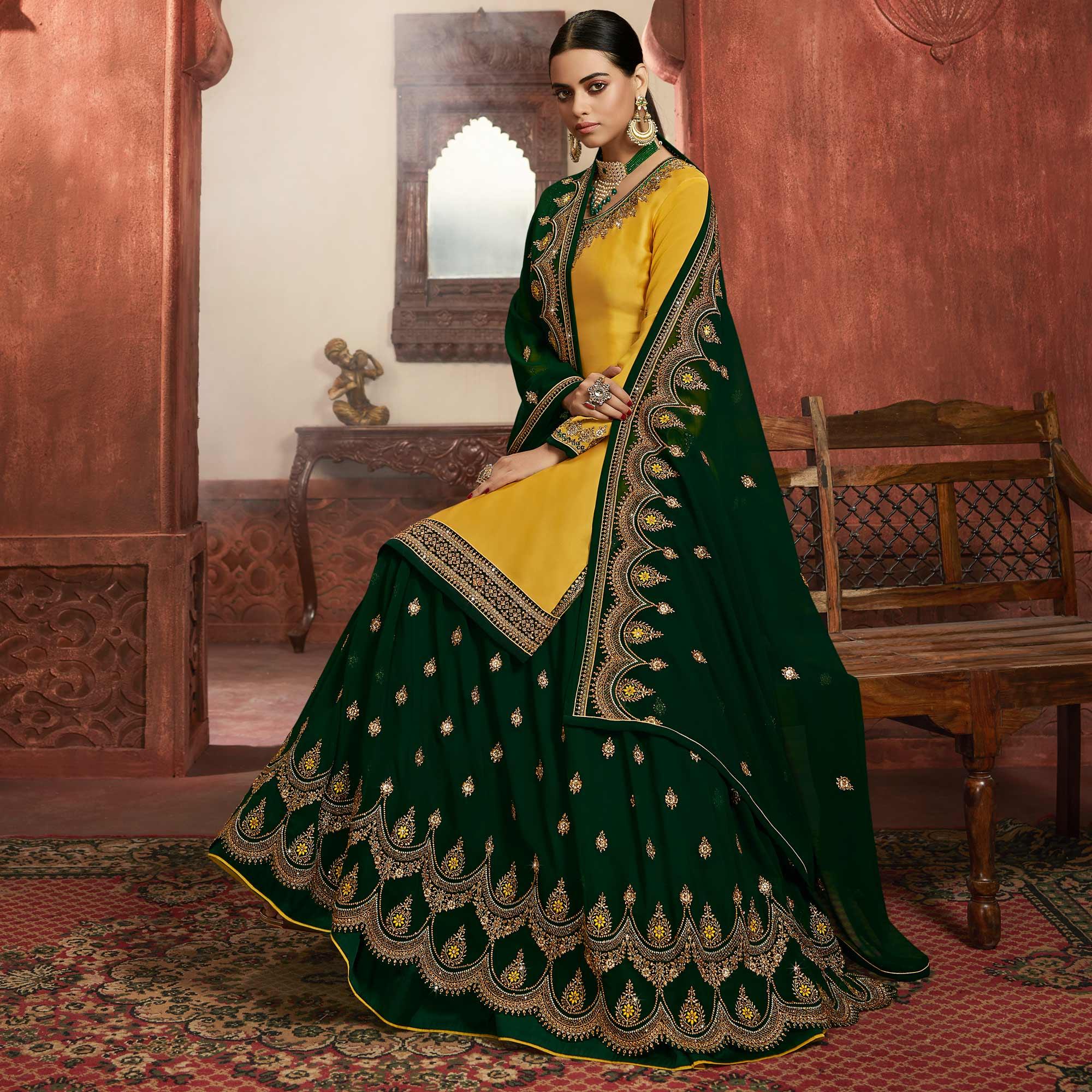 Blissful Yellow Coloured Partywear Embroidered Georgette Satin Sharara Style Salwar Suit - Peachmode