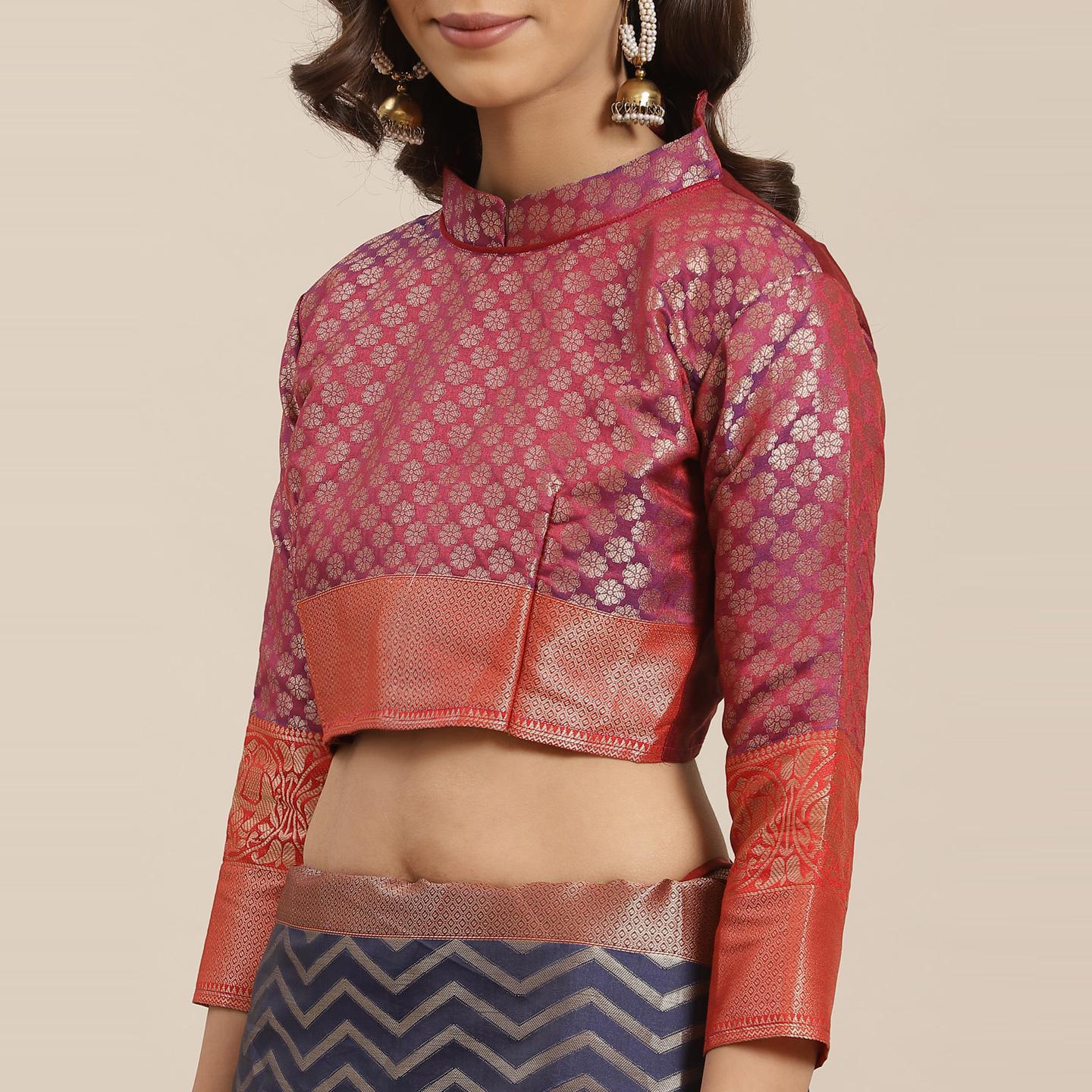 Blissta Festive Wear Navy Blue Woven Design Banarasi Silk Saree - Peachmode