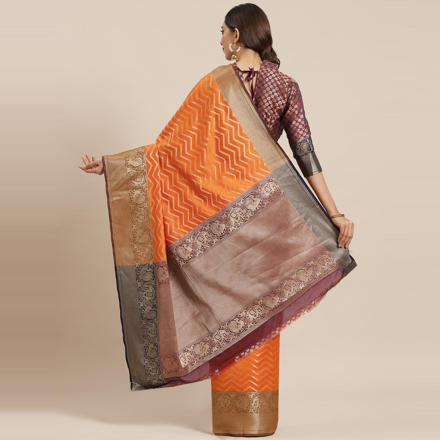 Blissta Festive Wear Orange Woven Design Banarasi Silk Saree - Peachmode