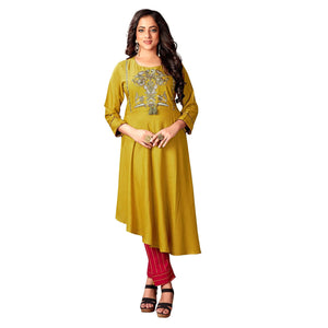 Blissta Mahendi Green Coloured Cotton Slub A Line Kurti With Plazzo Set - Peachmode