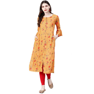 Blissta Mustard Yellow Coloured Rayon Cotton Printed Straight Kurti - Peachmode