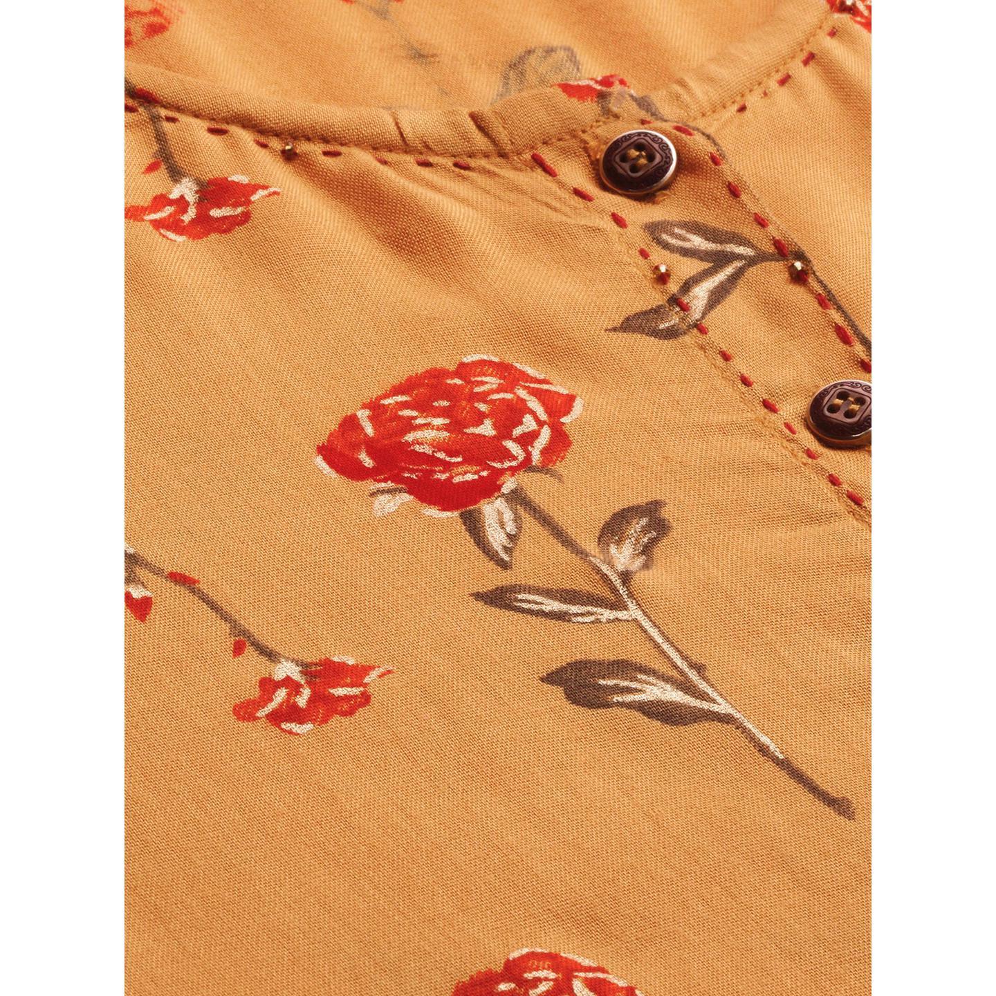 Blissta Mustard Yellow Coloured Rayon Cotton Printed Straight Kurti - Peachmode