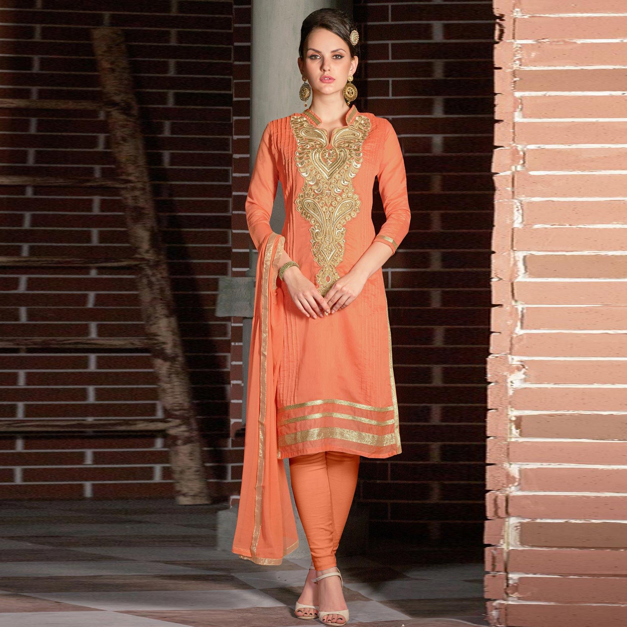 Blissta Orange Casual Wear Floral Embroidered Chanderi Dress Material - Peachmode